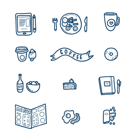 Cute cafe doodle concept. Hand drawn poster composition. Food and beverages line icons set. Coffee breakfast symbols. Coffee shop vector illustration.のイラスト素材