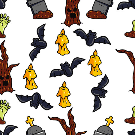 Halloween seamless pattern. Day of the death colorful cartoon background. With bat, candle, zombie and tree.のイラスト素材