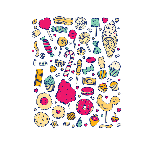Huge set of cartoon doodle form candies and sweets. Lollipop, cotton, donut and striped caramel. Colorful pastry. Popular sweet desserts for halloweenのイラスト素材
