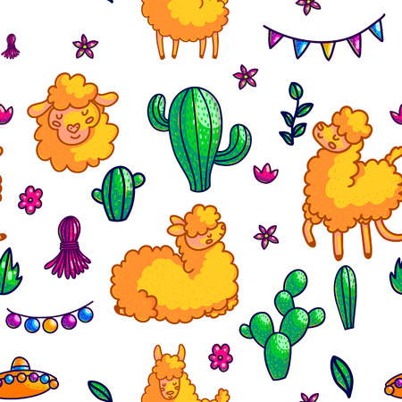 Llamas characters hand drawn vector seamless pattern. Lama, cactuses, mexican hat and festive decorations cartoon texture. Cute lama, alpaca doodle cliparts. Mexico culture color background fillのイラスト素材