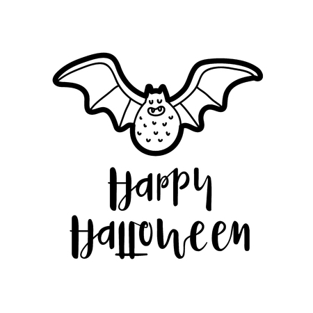 Linear black design of cute bat with wings on card saying Happy Halloween isolated on white backgroundのイラスト素材