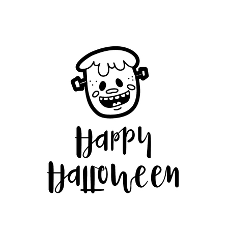 Greeting card design with head of Frankenstein's monster saying Happy Halloween isolated on white backgroundのイラスト素材