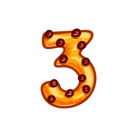Cookie font with chocolate chips isolated on white background.  Christmas alphabet. Vector cartoon character. Sweet biscuit three number symbol.のイラスト素材