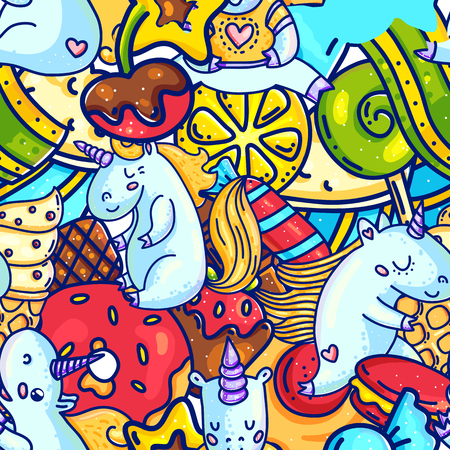 Chaotic seamless background of colorful unicorns with huge candies and sweetsのイラスト素材