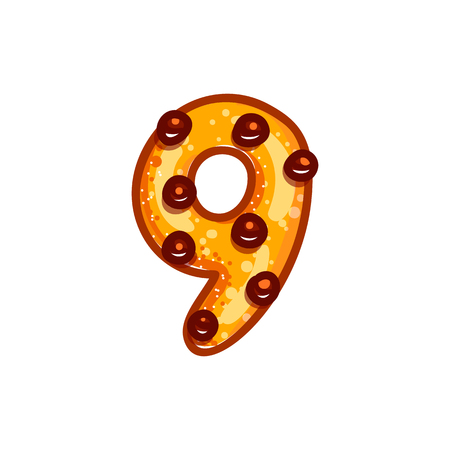 Cookie font with chocolate chips isolated on white background.  Christmas alphabet. Vector cartoon character. Sweet biscuit nine number symbol.のイラスト素材