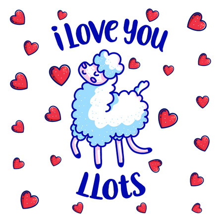 Valentine's Day greeting card vector template. Cute llama hand drawn character. I love you lots lettering and hearts. Cartoon alpaca, sheep. Isolated romantic illustration for poster,t-shirt, postcardのイラスト素材