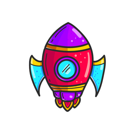 Cartoon rockets hand drawn color icon. Cute space shuttle clipart. Doodle spaceship. Spacecraft sticker. Space exploration. Cosmic illustration. Isolated vector design elementのイラスト素材