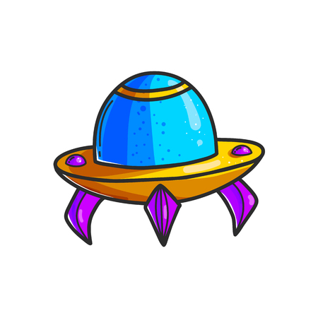 Cartoon flying saucers hand drawn color illustration. Cute UFO. Space shuttle cliparts. Doodle spaceship. Aliens. Spacecraft sticker. Cosmic patch. Isolated vector design elementのイラスト素材