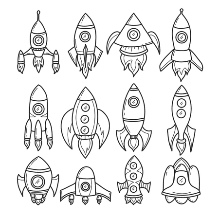 Cartoon rockets hand drawn icons set. Cute space shuttles cliparts. Doodle spaceships. Spacecraft stickers. Space exploration. Cosmic illustrations collection. Isolated vector design elementsのイラスト素材