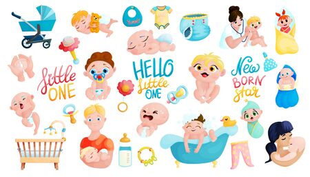 Cute babies, parents and accessories cartoon stickers setのイラスト素材