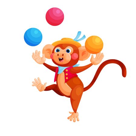 Circus trained animal show flat vector illustration. Monkey juggles with balls cartoon character. Funfair perfomance. entertainment. Amusement park sticker. Juggler ape in hat isolated on whiteのイラスト素材