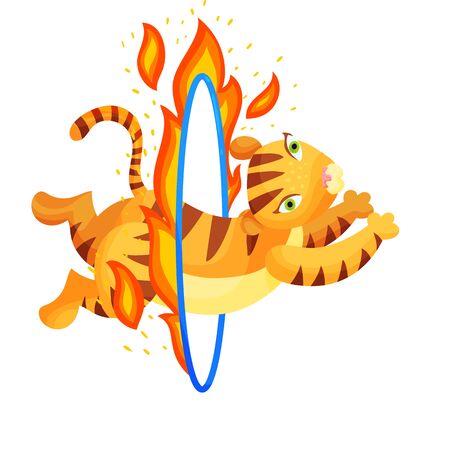 Tiger jumping through fire ring flat vector illustration. Trained animal at circus show cartoon character. Trick, entertainment. Amusement park. Carnival, festival, performance. Funfairのイラスト素材