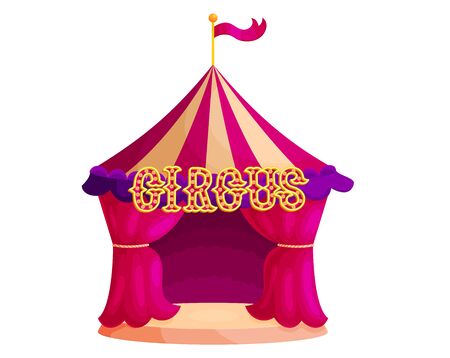 Traditional retro circus tent flat vector illustration. Amusement park bright sticker. Carnival attraction. Funfair, magic show. Magician performance. Family festival isolated on white backgroundのイラスト素材