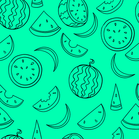 A Vector seamless pattern of line fresh and juicy whole watermelons and slices on turquoise backgroundのイラスト素材