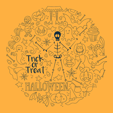 Halloween vector background. Round set of vector design elements. Line art for card, poster, textile, paper print.のイラスト素材