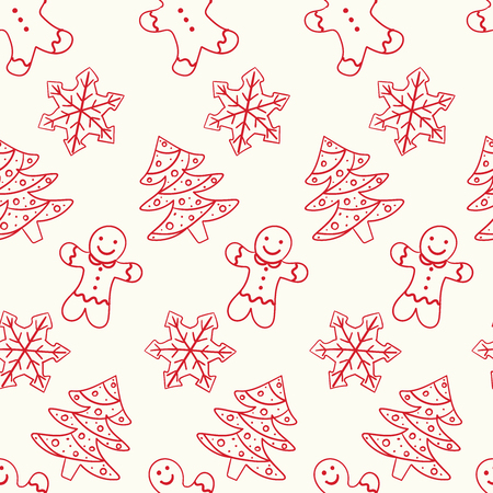 Merry Christmas and Happy New Year. Hand drawn seamless pattern. Postcard, wrapping, printed matter, greeting card. Flat design vector illustration.のイラスト素材
