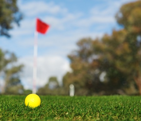 yellow golf ball over green grass outdoorsの写真素材