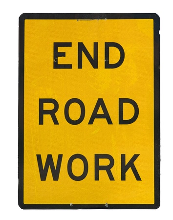 old end roadwork traffic sign isolated on white background の写真素材