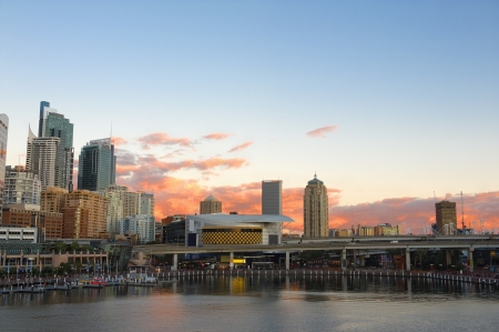 View of the Sydney Cockle Bay from the Pyrmont Bridge on the sunsetの写真素材