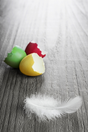 multicolored easter eggs and white feather on vintage wooden table の写真素材