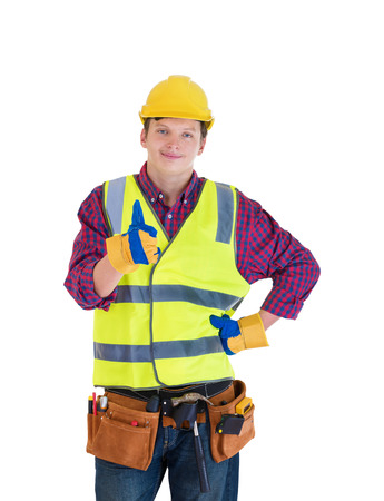 Young smiling construction worker isolated on white background