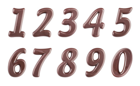 Real dark chocolate digits set isolated on a white backgroundの写真素材