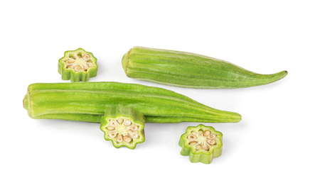  fresh  okra  vegetable also known as  lady's fingers on white backgroundの写真素材