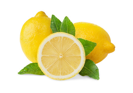 group of fresh lemons with leaves isolated on white backgroundの写真素材
