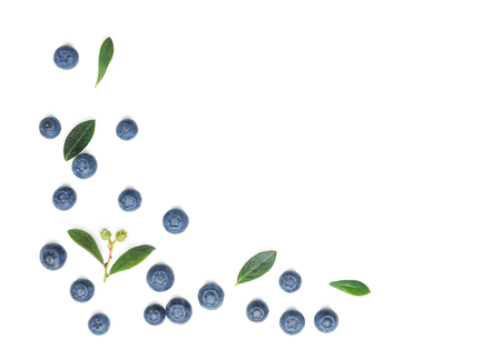 Fresh Blueberries with leaves isolated on white background. Flat lay, top viewの写真素材