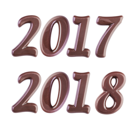 Real dark chocolate digits isolated on a white background. 2017 and 2018  chocolate digitsの写真素材