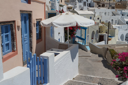 IMEROVIGLI / GREECE - AUGUST 2014: One of the many hotels of Imerovigli village, Santorini island, Greeceのeditorial素材
