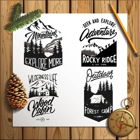 Set of vector vintage hand drawn with lettering elements on wood planksのイラスト素材