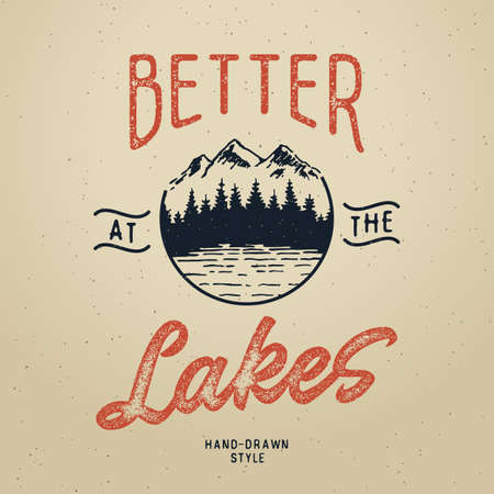 Set of vector vintage hand drawn logotype with lettering elements on wood planks. Vector illustrationのイラスト素材