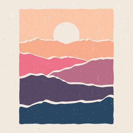 Hand painted vintage boho mountains landscape with Sun.のイラスト素材