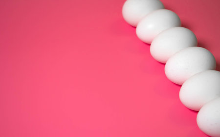 Minimal Easter concept. Perspective. Front view. White eggs on pink background. Close up. Copy space.の写真素材