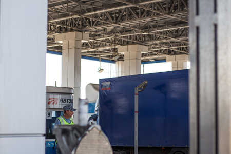 Krasnodar Territory , Russia-07.04.2019: traffic lanes with checkpoint and payment for the toll road...