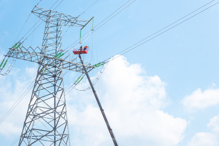 Crimea, Russia - 08.20.2019: electricians raised to a height are engaged in the maintenance of a power lineのeditorial素材
