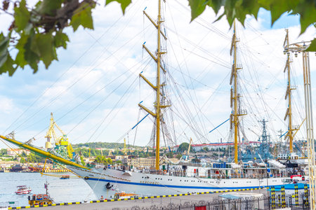 Crimea, Sevastopol, Russia - 08.19.2019: three-masted training ship Khersones in the sea bay