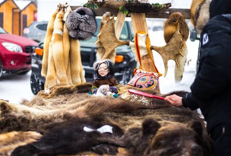 skins of bears and foxes in the marketの写真素材