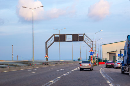 Taman, Russia - 08/18/2019: checkpoint at the entrance to the Crimean bridge