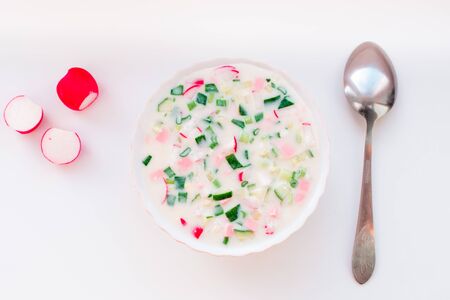 vegetable okroshka, Russian cold seasonal dish, delicious light lunchの写真素材