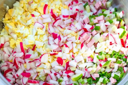 ingredients for vegetable okroshka, Russian cold seasonal dish, delicious light lunchの写真素材