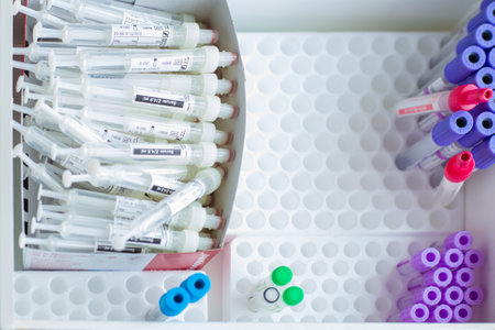 Khmao-Yugra, Russia-06.09.2020:medical test tubes for taking blood tests, lie in a box, diagnosis of diseases, research on coronavirusのeditorial素材