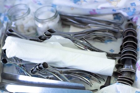 otolaryngological medical instruments, sterile styling, a set of metal objects, diagnosis of...