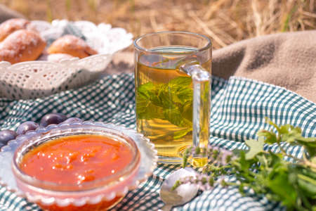 Picnic on the grass. Autumn tea with mint and berry jam for breakfast on dry grass. Outdoor...
