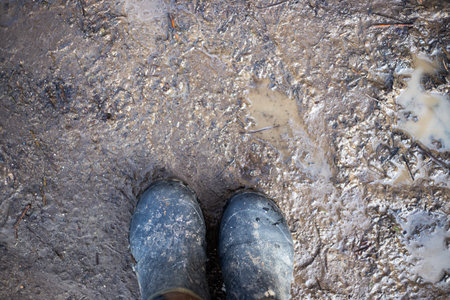 dirty rubber overshoes on the ground after rain. Life in the countryside.