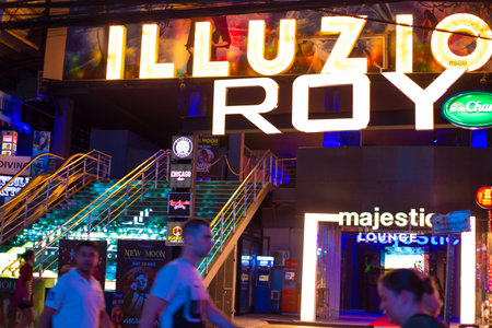 Thailand, Phuket-29.12.2018: Walking street Bangla Road on Patong beach. Bright lights of street cafes at night. Tourism and entertainment. Selective focus.のeditorial素材