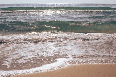 Sunny day at the seaside. A wave runs onto the sandy shore, sparkling in the sun. Warm pleasant...