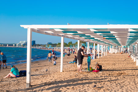 Anapa, Russia-21.05.2021: City beach with tourists resting. The beginning of the summer season.のeditorial素材