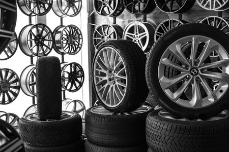 Anapa, Russia - 05,22,2021: Shop selling disks, alloy wheels, rubber wheels. Showcase with disks and wheels of different brands.のeditorial素材
